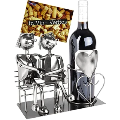 Image of BRUBAKER Bottle Holder Gay Lovers on Bench Wine Silver Stand Metal Figure Men Love Sculpture Gift for Married Couples with Card