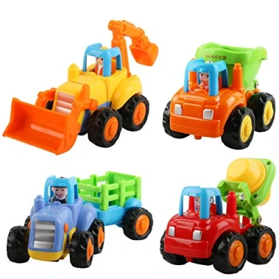 Image of OKPOW Toy Cars for 1 Year Old +, Baby Early Educational Car Toys, Friction Powered Push and Go Construction Vehicles Set of 4PCS Toddlers Kids Boys Girls Tractor, Bulldozer, Truck Mixer, Trucks