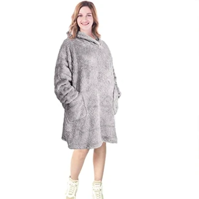 Image of EHC Unisex Oversized Wearable Soft Warm Teddy Fleece Hoodie Sweatshirt Cuddly Blanket, Gift For Her, Him 80 x 90 cm, Grey