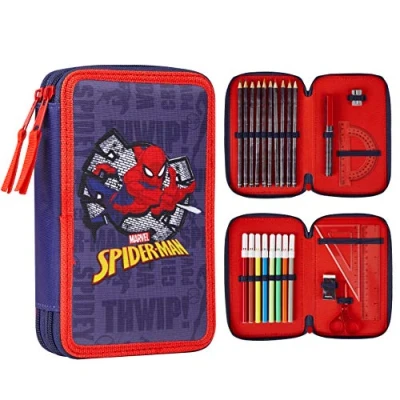 Image of Marvel Pencil Case with Stationery Included School Supplies Filled Large Multiple Compartments Colouring Pencils Pens Boys Set Gifts for (Spiderman Double Zip)