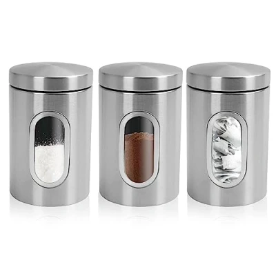 Image of MantraRaj 3 Pcs Tea Coffee Sugar Canister Set Kitchen With Lids Food Storage Container Stainless Steel Ergonomic Jars Window For Tea, Sugar, Nuts, Cereal
