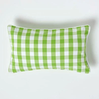 Image of HOMESCAPES Green and White Gingham Cushion Cover 30 x 50 cm (12 20) Block Check Pattern 100% Cotton Decorative Rectangular
