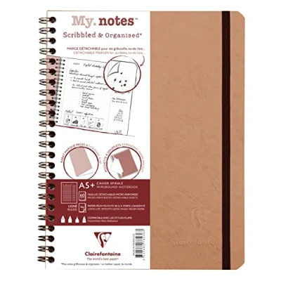 Image of Clairefontaine 78236C Age Bag Collection A Tobacco My.Notes Tear Off Margin Spiral Notebook A5+ 16x21cm 120 Lined Pages 90gsm White Paper Leather Grain Glossy Card Cover