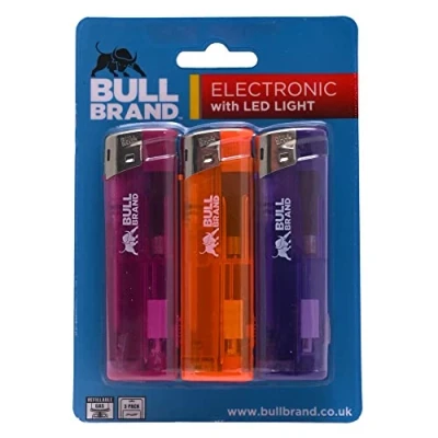Image of BULL BRAND 3PK ELECTRONIC LED LIGHTERS REFILLABLE ASSORTED DESIGN LIGHTER X 3 ( COLOUR SEND OUT )