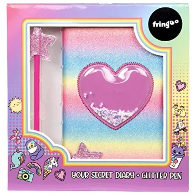 Image of Fringoo Glitter Girls Secret Diary with Star Pen, 2 Keys, Heart Padlock and Matching Bookmark Beautiful Notebook Pen Set for Secrets Unicorn
