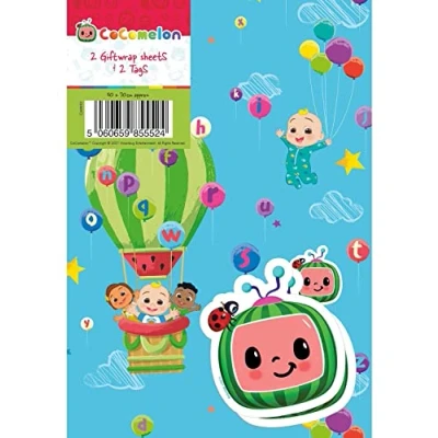 Image of CoComelon Wrapping Paper 4 Sheets Tags Sheet Size 70cmx50cm Official Product Responsibly Resourced