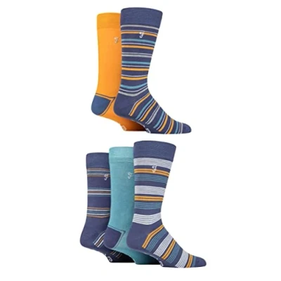 Image of Mens 5 Pair Farah Plain, Striped and Patterned Everyday Bamboo Socks Stripe Navy / Blue 6 11