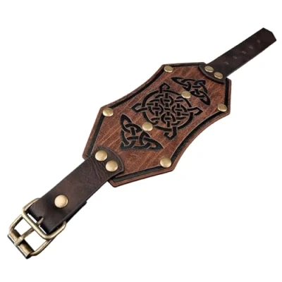 Image of HiiFeuer Viking Embossed Faux Leather Cuff Bracelet, Norse Retro Wristband, Nordic Buckle Fastening Bangle Bracelet (Brown B)