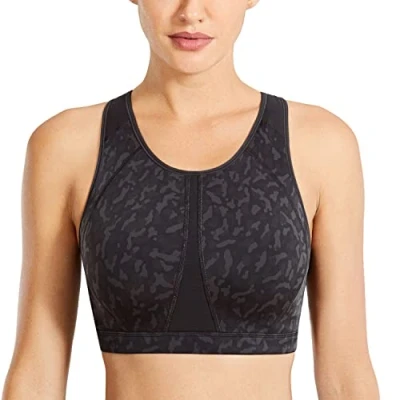 Image of SYROKAN Women&#039;s Sports Bra for Large Breasts High Impact Full Coverage Padded Wireless Running Halter Neck Olive Leopard Grain 38G