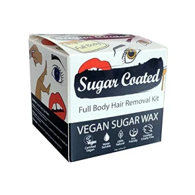 Image of Sugar Coated Organic Full Body Hair Removal Wax Kit, Gentle &amp; Non Damaging Waxing Kit with Strips, At Home for All Skin Types, Naturally Scented Leg, Face Bikini Wax, 250g