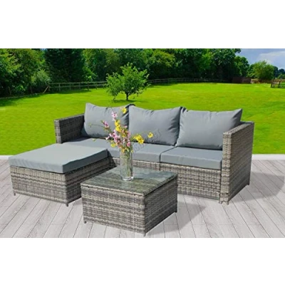 Image of BIRCHTREE PE Rattan Garden Furniture Set L Shape Corner Sofa Chair Glass Coffee Table Ottoman 3 Seater Cushion Outdoor Patio Conservatory RFS01 Grey