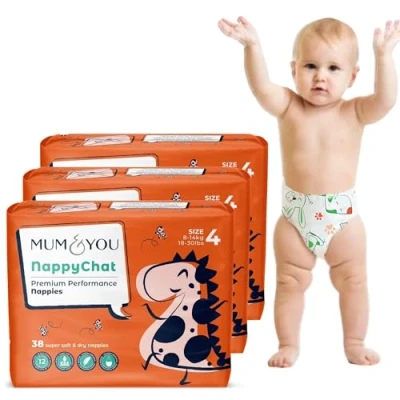 Image of Mum &amp; You Premium Eco Friendly Dry Baby Nappies Size 4 (8 14 KG), 114 Count (3 Packs of 38) Dermatologically Tested with 12 Hr Leak Protection Wetness Indicator Rash Free