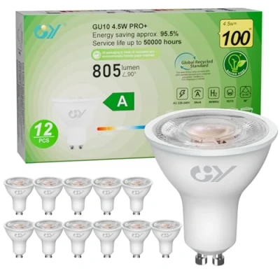 Image of GY GU10 Spotlight LED Bulbs 36 Beam Angle Energy Efficiency Class A, 805LM Warm White 2700K, 4.5W Equivalent 100W, Non Dimmable, Pack of 12