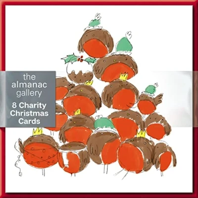 Image of Pack of 8 Round Red Robin Tree Mini Charity Christmas Cards Multiple Charities ASCX9835