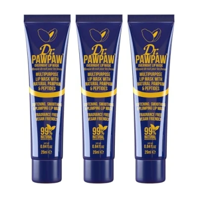 Image of Dr.PAWPAW Overnight Lip Mask Multi Purpose Balm, Natural Pawpaw &amp; Peptides Smooth Skin, Cracked Lips, Vegan, Ethical Beauty Fregrance Free (3 x 25 ml)