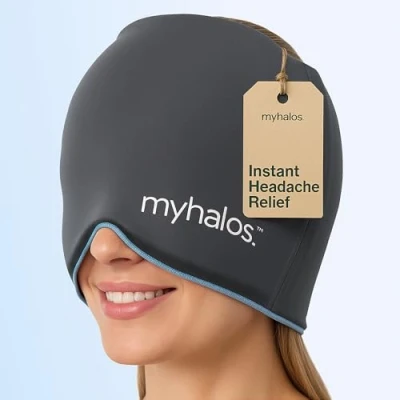 Image of MyHalos Migraine Relief Cap Wearable Ice Pack Cold Wrap Hat Reusable Therapy Headache &amp; Cap, for Tension and Sinus Pressure Form Fitting Compress Head
