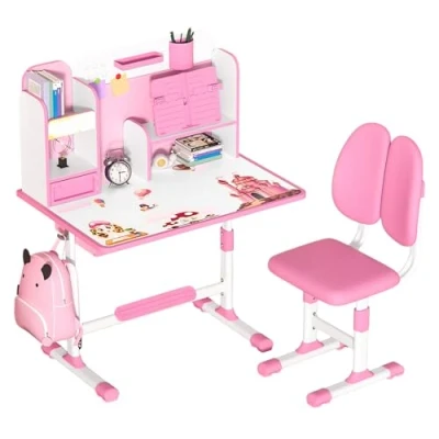 Image of Qiebenav Premium Kids Study Desk Chair Set, Height Adjustable Children School Table Ergonomic with Large Writing Board, Bookshelf and Drawer Pink Magnetic Panel