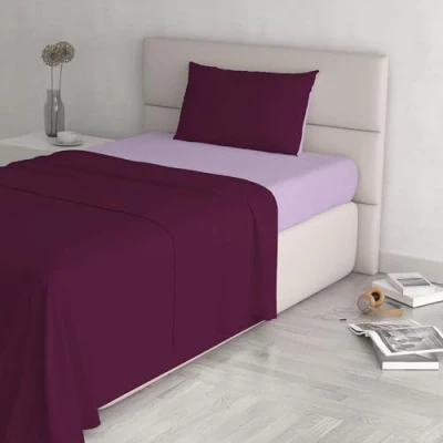 Image of Italian Bed Linen Natural Color Set (Flat 150x300, Fitted Sheet 90x200cm+Pillowcase 52x82cm), Petrol Bottle Green, 100% Cotton, lillac/Plum, SINGLE