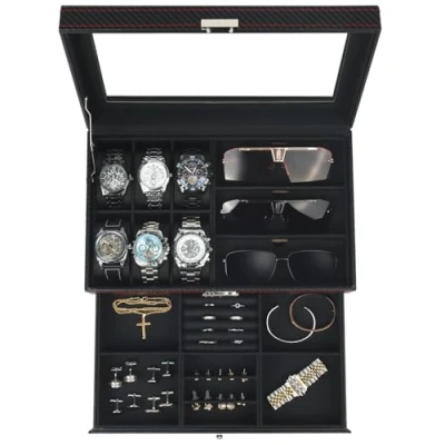 Image of Kukikan Watch Jewellery Box Organiser, Case and Sunglasses Storage with Large Glass Lid, 6 Slots 2 Layers, Men&#039;s Lock, Holder Display Case, Gift for Men Women