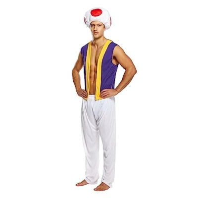 Image of HENBRANDT Adult Men’s Videogame Mushroom Man Fancy Dress Costume Retro 1980s Novelty Toad Moustache Brothers Up Outfit One Size Mens