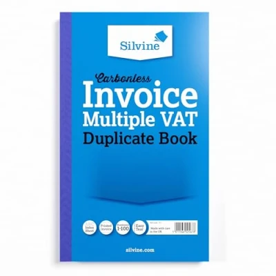Image of Silvine Carbonless Duplicate Multiple VAT Invoice Book Numbered 1 100 with index sheet (210 x 127mm)