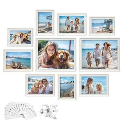 Image of SONGMICS Picture Frames with 16 Mats, Set of 10, Photo Two 8x10, Four 5x7, 4x6 Frames, Hanging or Tabletop Display, MDF and Glass, 12 Non Trace Nails, Rustic White RPF049W01