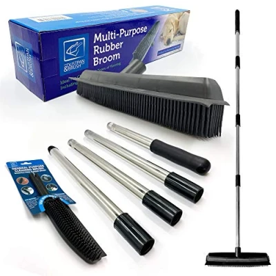 Image of Rubber Broom Long Handle Push Bristles Sweeper Squeegee with Scratch Free Bristle for Pet Cat Dog Hair Ideal Cleaning Carpet Hardwood Tile Windows Clean(Rubber and Hand Brush)