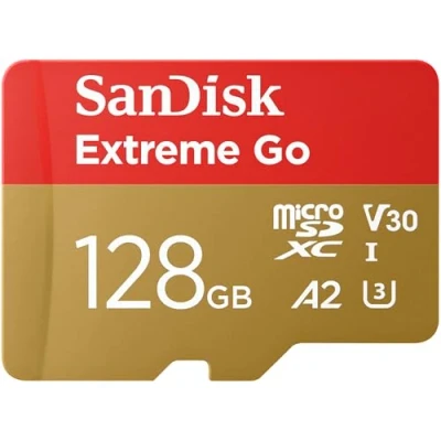 Image of SanDisk 128GB Extreme Go micro SDXC card + SD adapter, (For Android Devices, Gaming Consoles, Drones, Action Cams, UHS I, up to 200 MB/s, V30, 5K, 4K, UHD, Rescue PRO, Class 10, U3) For Amazon