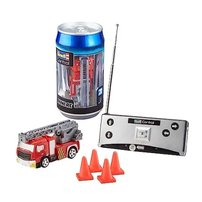 Image of Revell Control 23558 Mini Remote Car Fire Truck, With 40 MHz Control, in a Can Container, Includes Traffic Cones, 8cm length