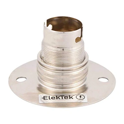 Image of ElekTek Nickel B22 Batten 67mm Base BC Bayonet Cap Lamp Holder with Shade Ring, 50mm/2 Centre Fixings FITS BESA Conduit Box Made in UK