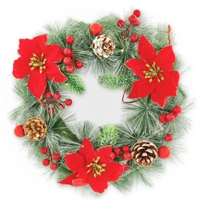 Image of Bravich Christmas Wreath. Front Door Wreath With Pine Cones &amp; Foliage Decorations. Red Garland For Wall Decor, Indoor Outdoor. Pre Decorated Large Hanging Xmas 30cm