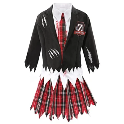 Image of Girls Halloween Zombie Schoolgirl Costume Large Black and Tartan Bloodstained School Uniform with Tattered Edges Kids Trick or Treat Fancy Dress