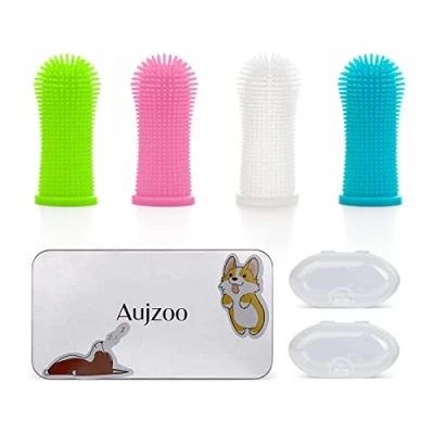 Image of Aujzoo Dog Toothbrush Set (4 Packs), 360º Pets Teeth Cleaning for Dogs Cats Dental Care, Silicone Finger Brush