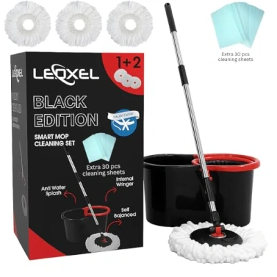 Image of 360 Spin Mop For Hard Floor Cleaning and Buckets Sets System with Easy Wring, Black 3 Reusable Microfibre Heads &amp; Extra 30 Wipes Hardwood, Tile, Laminate, Vinyl Floors