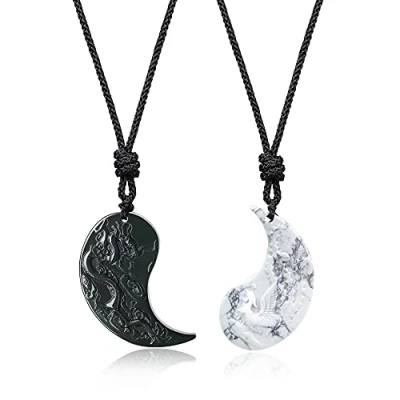 Image of COAI Yin Yang Obsidian Howlite Stone Phoenix Dragon Matching Couple Necklaces