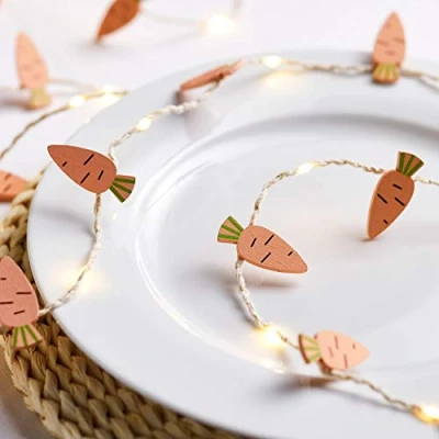 Image of Lights4fun Easter Wooden Carrot Battery Operated Micro LED Indoor Silver Wire String Fairy Lights