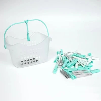 Image of Pegs it 100 Pcs Strong Hold with Clear basket for Washing Line &amp; a Hook on Handle Wind Proof Rust Resistant Plastic clothes Peg hanging (White/Grey/Aqua)