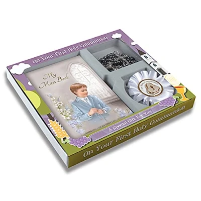 Image of celebrationgiftsforall Boy First Holy Communion Hardback Mass Book, Prayer Card/Book Mark, Rosary &amp; Rosette