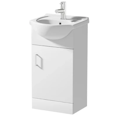 Image of Baystone® 450mm Vanity Unit Basin Sink Bathroom Storage Cabinet Cupboard Freestanding, Single Tap Hole Ceramic Wash Basins, Soft Close Door, White Gloss