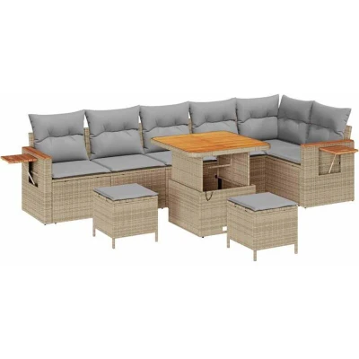 Image of vidaXL 9 Piece Garden Sofa Set with Cushions Beige Poly Rattan Acacia