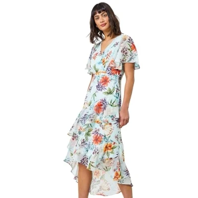 Image of Roman Originals Frill Dress for Women UK Ladies Summer Wrap Chiffon Hem Layered Belted Midi Maxi Tiered Cape Special Occasion Fit &amp; Flare Wedding Guest Swing Skater Sage Green Size 10