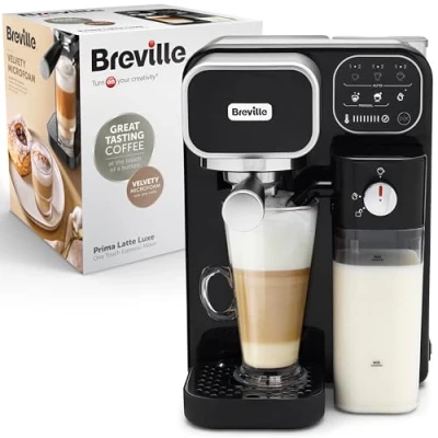Image of BREVILLE Prima Latte Luxe VCF166 Coffee Machine Black &amp; Silver, Black,Silver/Grey