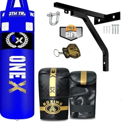 Image of ONEX Punch Bag Kick Boxing Set 4FT Filled Heavy Bags Gloves Anchor Ceiling Hook Wall Bracket Chains Focus pad pads Training MMA Punching (Blue)