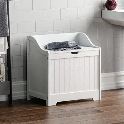Image of Bath Vida Priano Bathroom Laundry Cabinet Storage Cupboard Chest Bin Wooden Basket Unit (White)