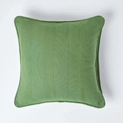 Image of HOMESCAPES Rajput Ribbed Cushion Cover 18 x Inches (45 45cm) Dark Olive Green 100% Cotton Coordinating with Throws and Curtains Easy care Washable at home