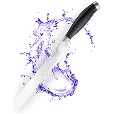 Image of Sabatier Professional Broad Serrated Bread Kitchen Knife 8in/20cm Taper Ground Stainless Steel Blade, Matt Black Rubberised Comfort Handle. Sharp for Longer, Lifetime Performance 25yr Guarantee