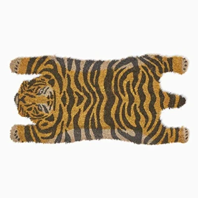 Image of HOMESCAPES Tiger Shape Coir Door Mat, 75 x 38 cm Animal Print with Rubber Non Slip Back Indoor and Outdoor Doormat