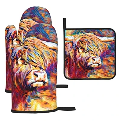 Image of Heat Resistant Oven Mitts And Pot Holders Sets Of 3 Highland Cow Printed Kitchen Non Slip Waterproof Gloves For Baking Cooking Bbq