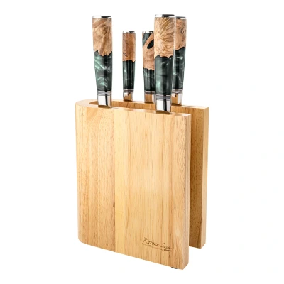Image of Katana Elements 6 Piece Kitchen Knife Block Set, Rainforest Green, VG 10 Damascus Steel with Olivewood and Resin Handle