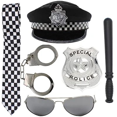 Image of Police Set with Hat Handcuffs Sunglasses Metal Badge Plastic Toy Stick and Black White Check Tie